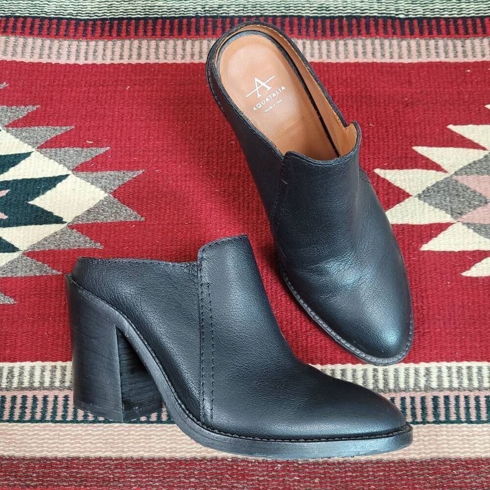 Aquatalia Libby Leather Weatherproof Mules Sz 7 Black Heeled Slip On Made Italy‎